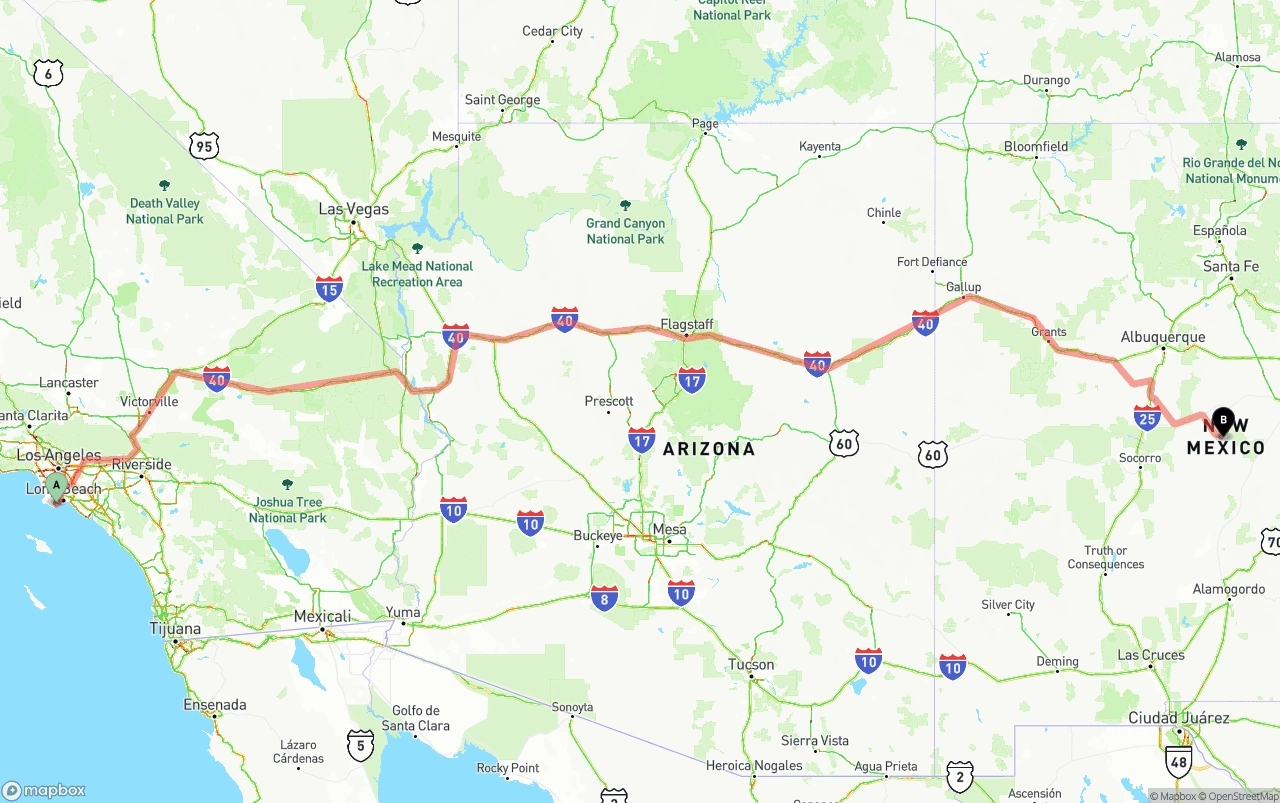 Shipping route from Port of Los Angeles to New Mexico