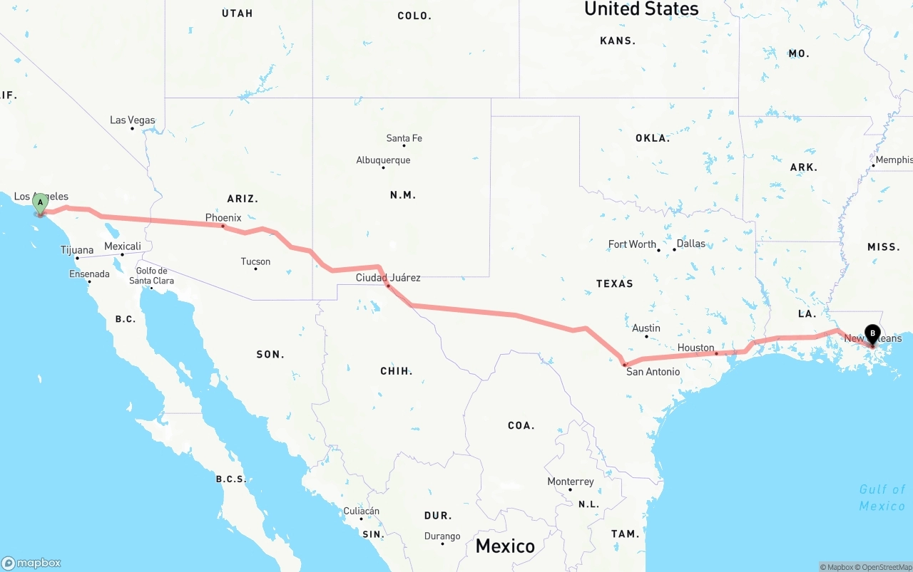 Shipping route from Port of Los Angeles to New Orleans