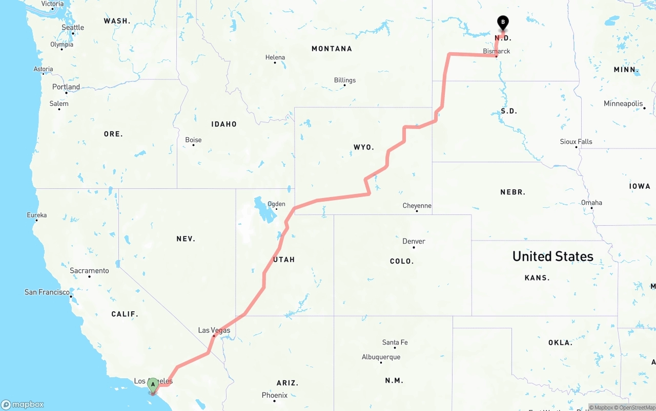 Shipping route from Port of Los Angeles to North Dakota