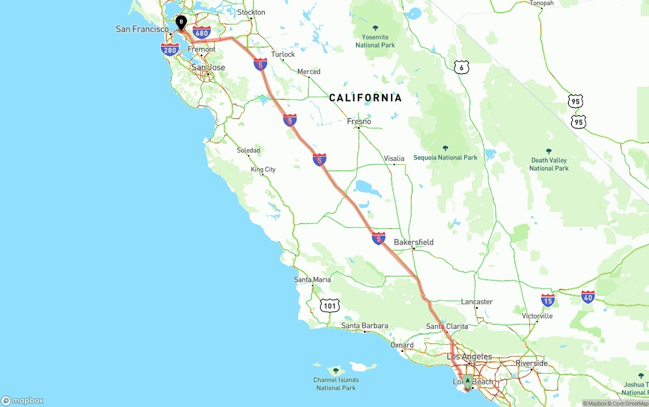 Shipping route from Port of Los Angeles to Oakland