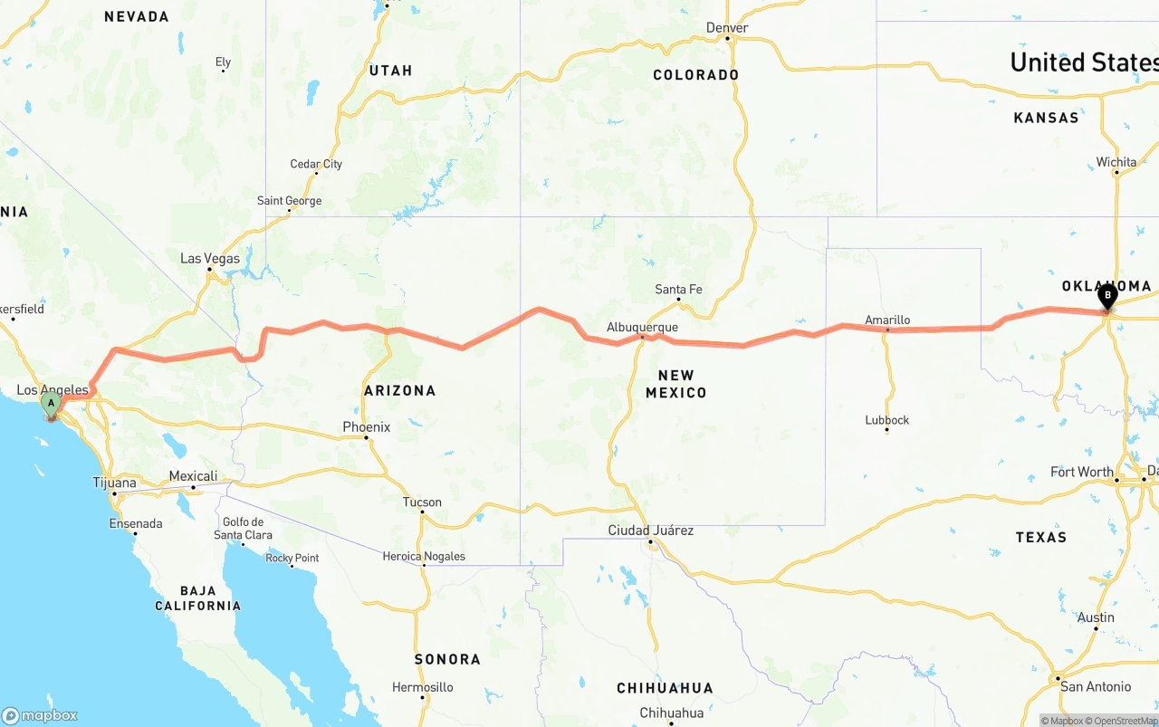 Shipping route from Port of Los Angeles to Oklahoma City