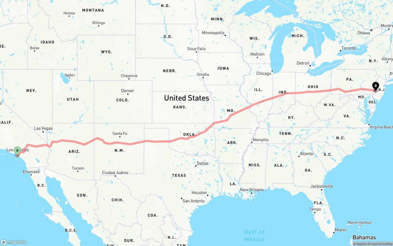 Shipping route from Port of Los Angeles to Philadelphia