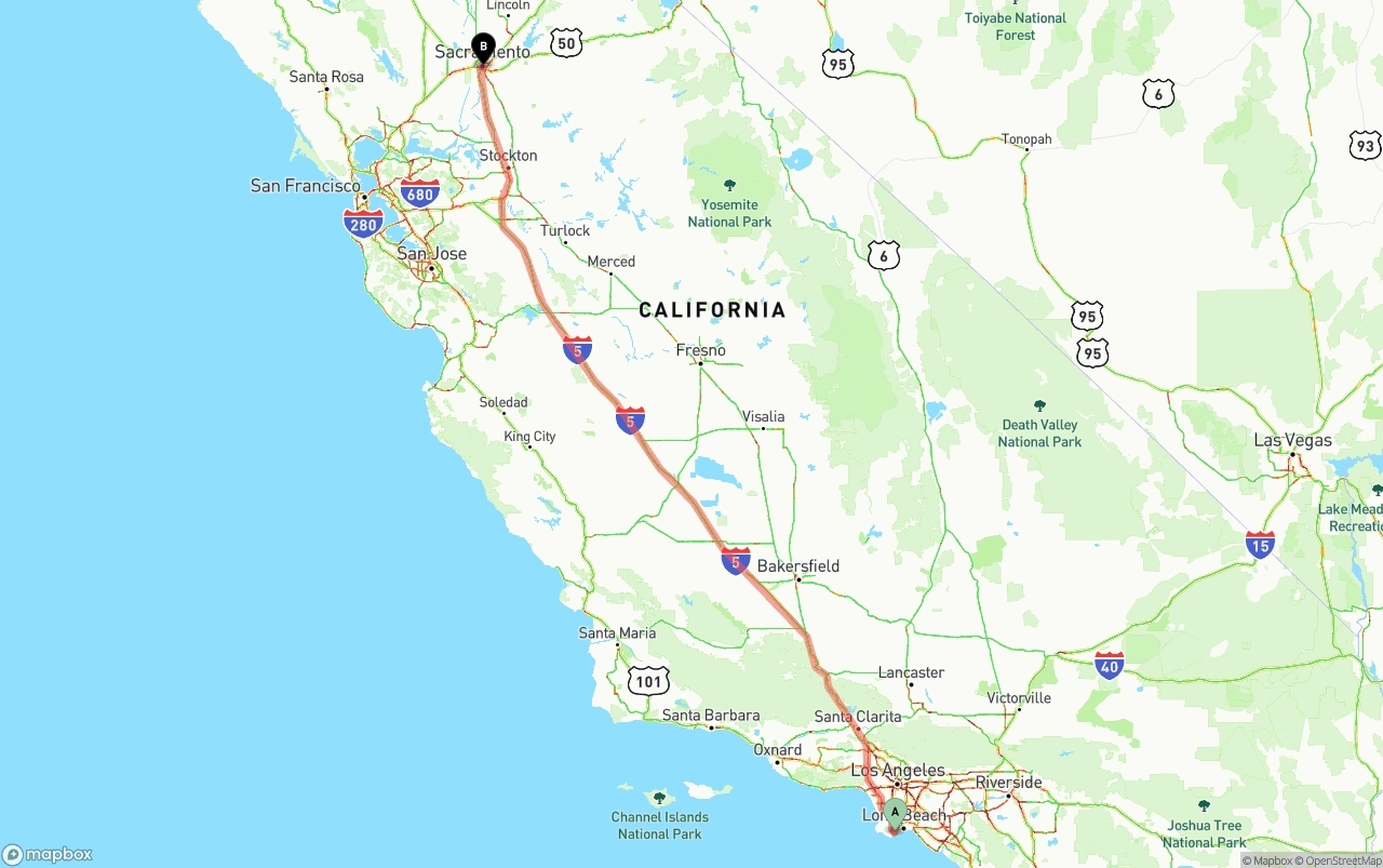 Shipping route from Port of Los Angeles to Sacramento