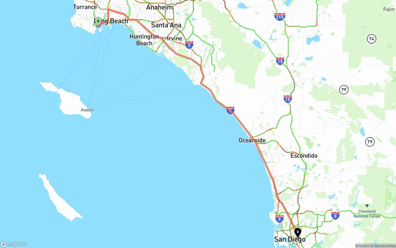 Shipping route from Port of Los Angeles to San Diego