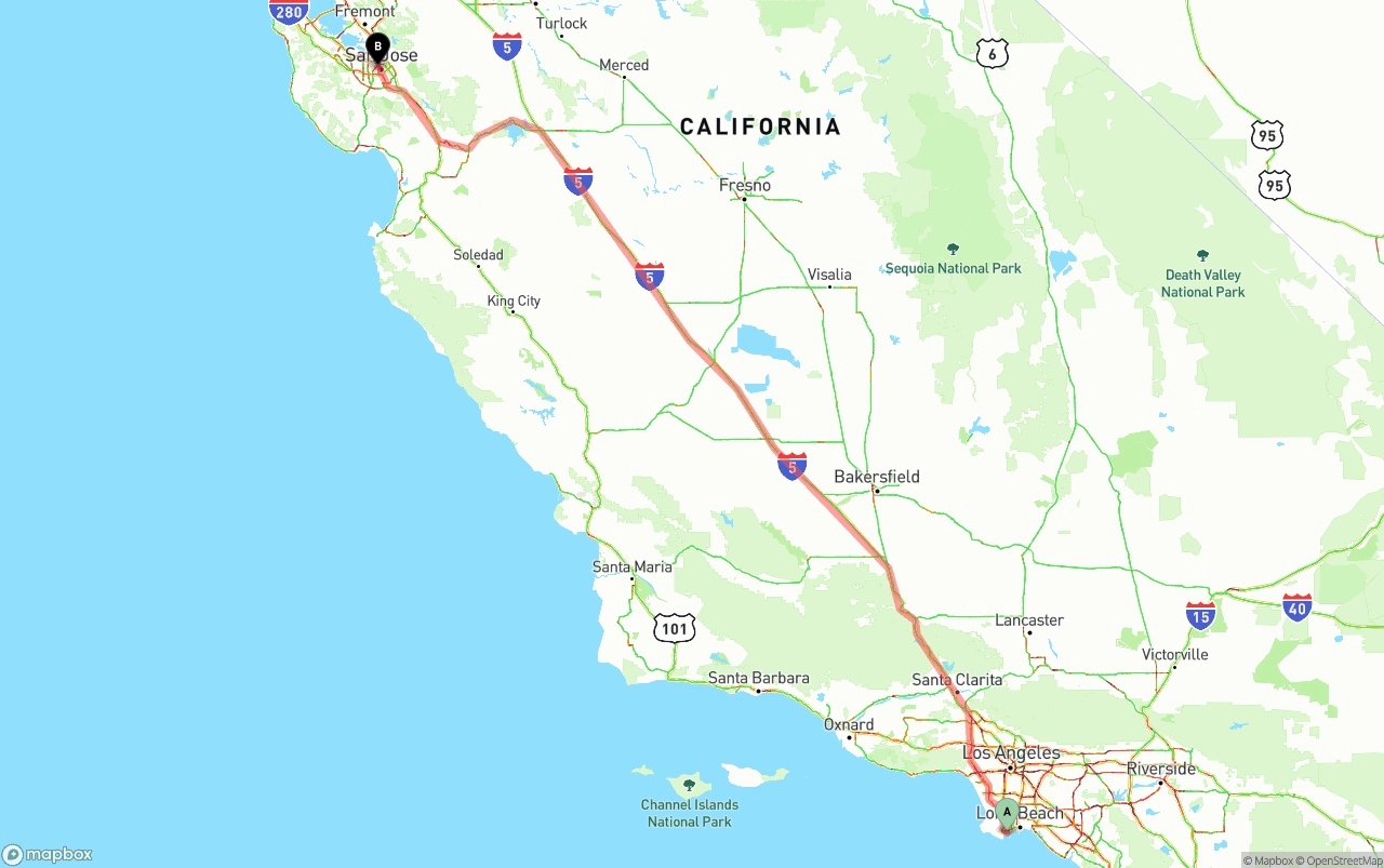 Shipping route from Port of Los Angeles to San Jose