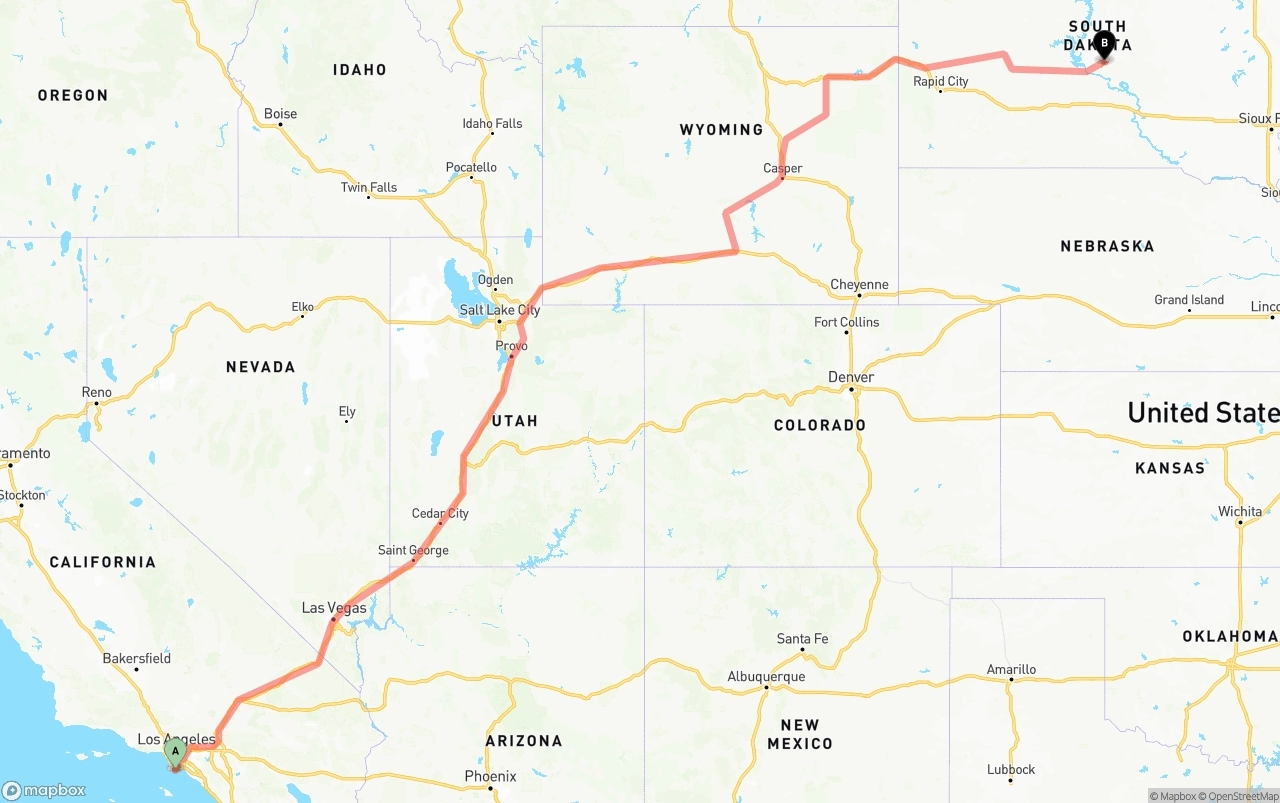 Shipping route from Port of Los Angeles to South Dakota