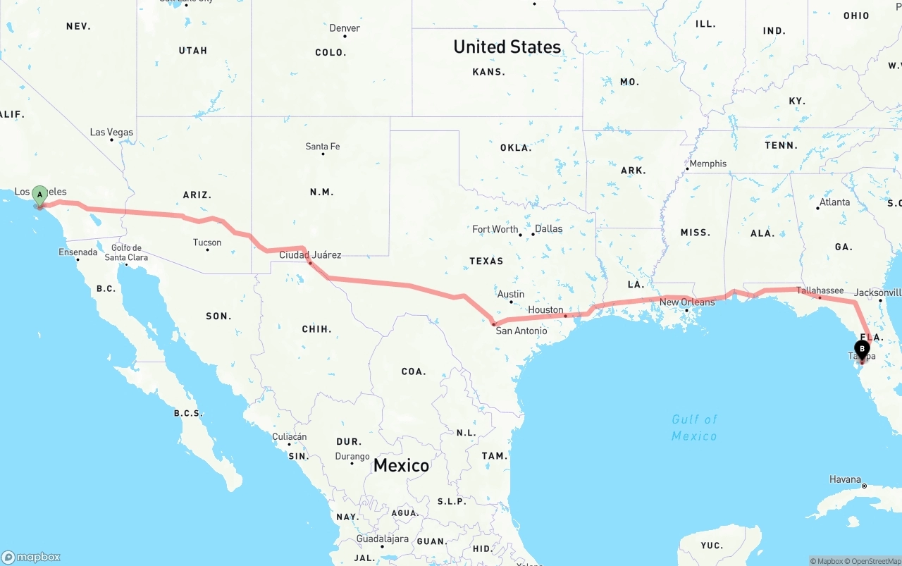 Shipping route from Port of Los Angeles to Tampa