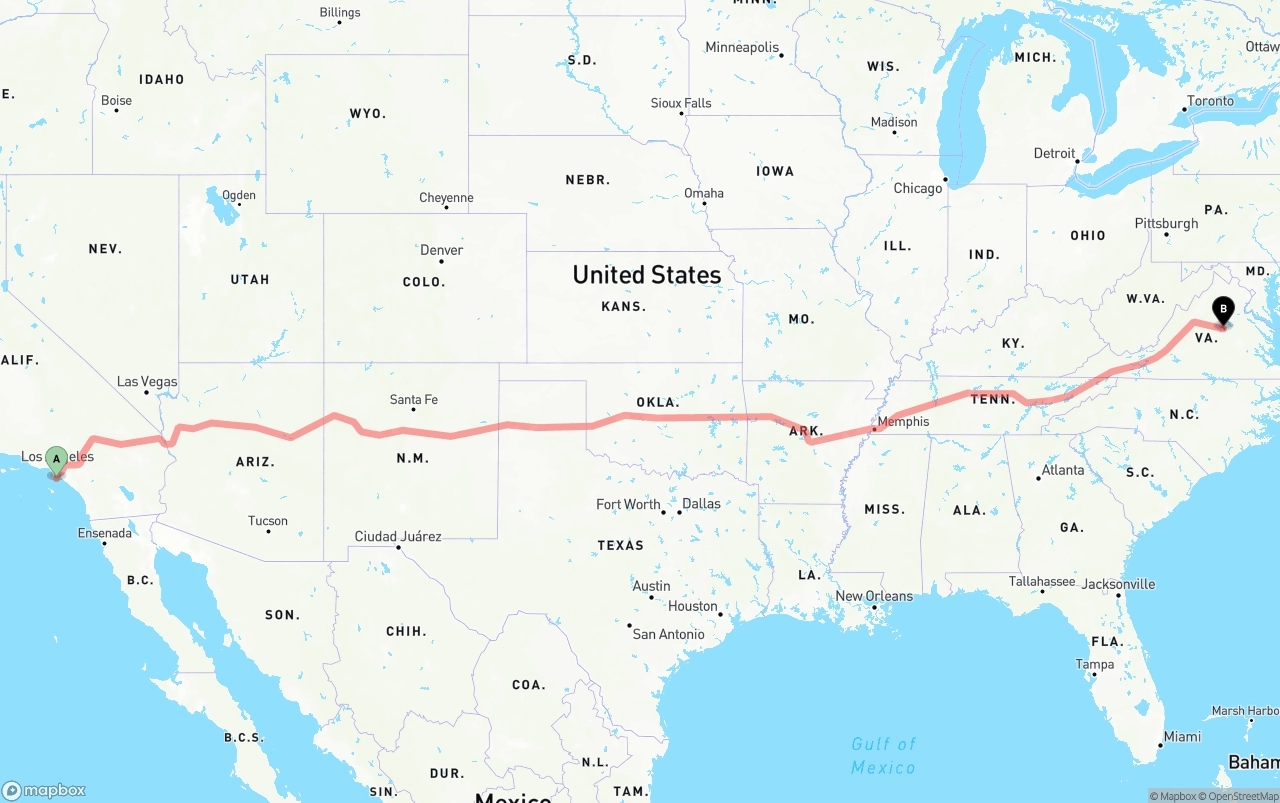 Shipping route from Port of Los Angeles to Virginia