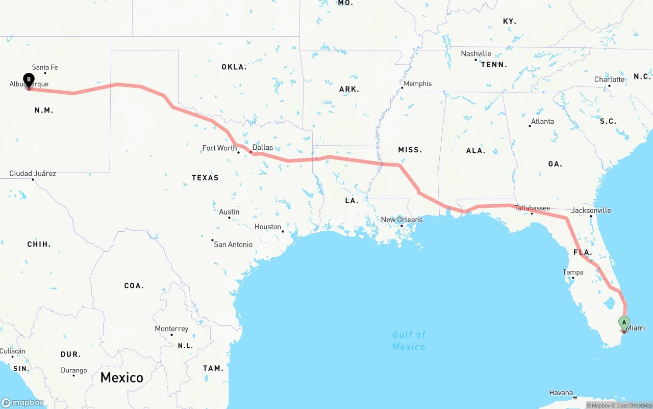 Shipping route from Port of Miami to Albuquerque