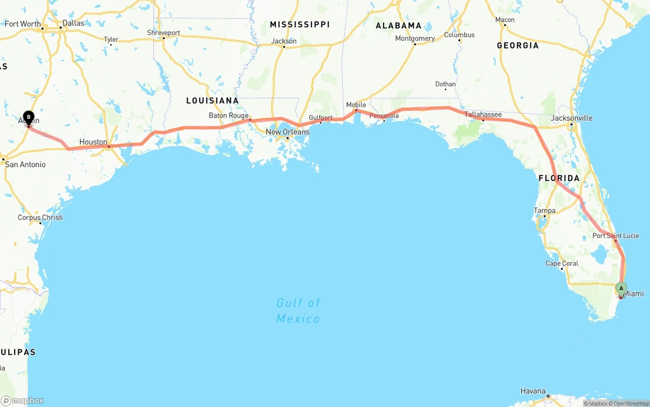 Shipping route from Port of Miami to Austin