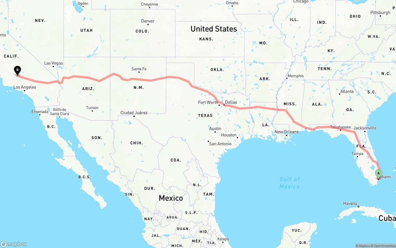 Shipping route from Port of Miami to Bakersfield
