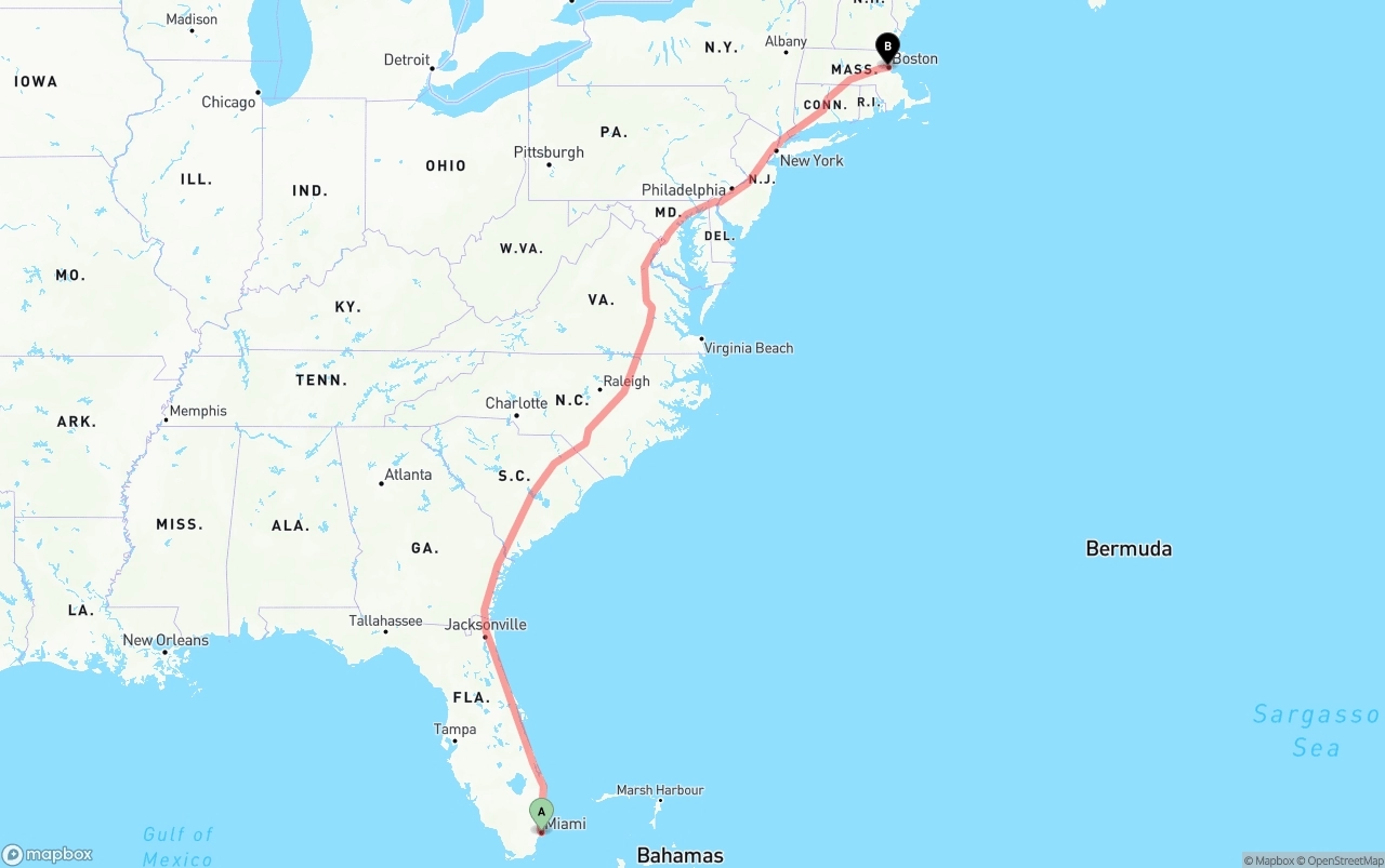 Shipping route from Port of Miami to Boston