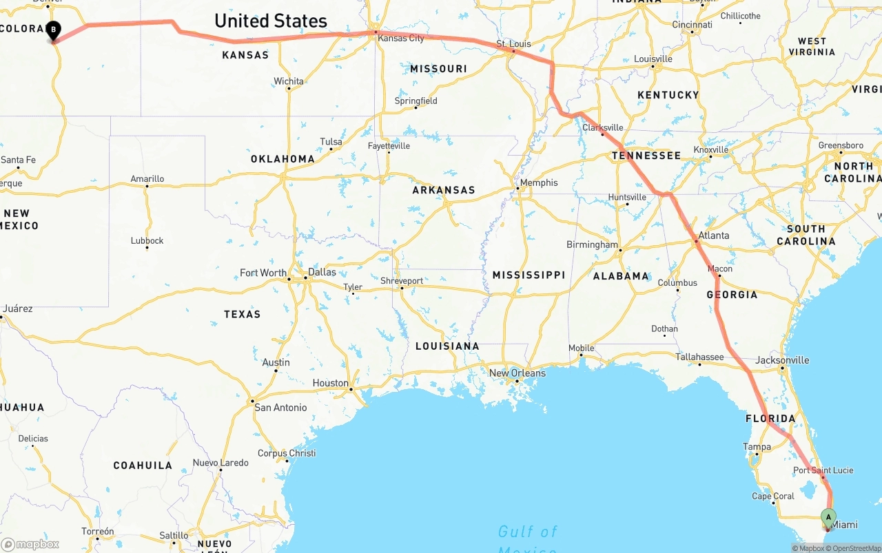 Shipping route from Port of Miami to Colorado Springs