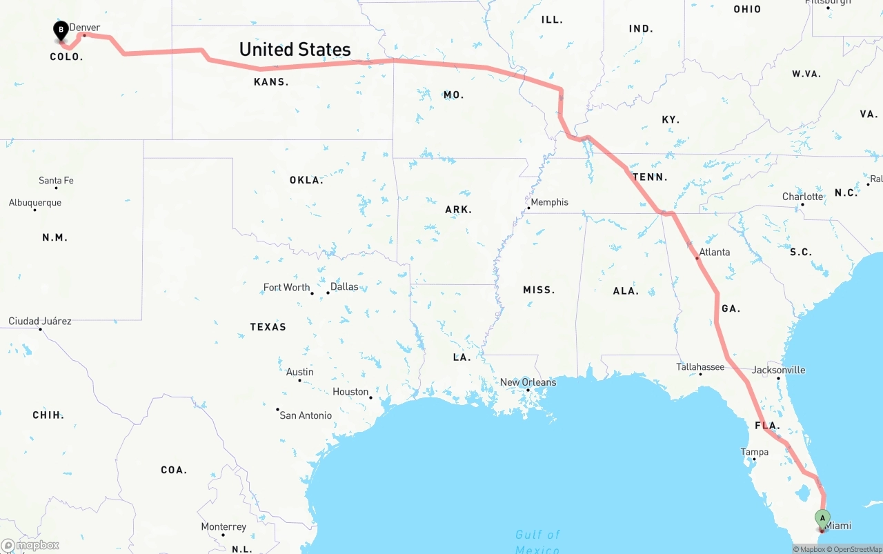 Shipping route from Port of Miami to Colorado