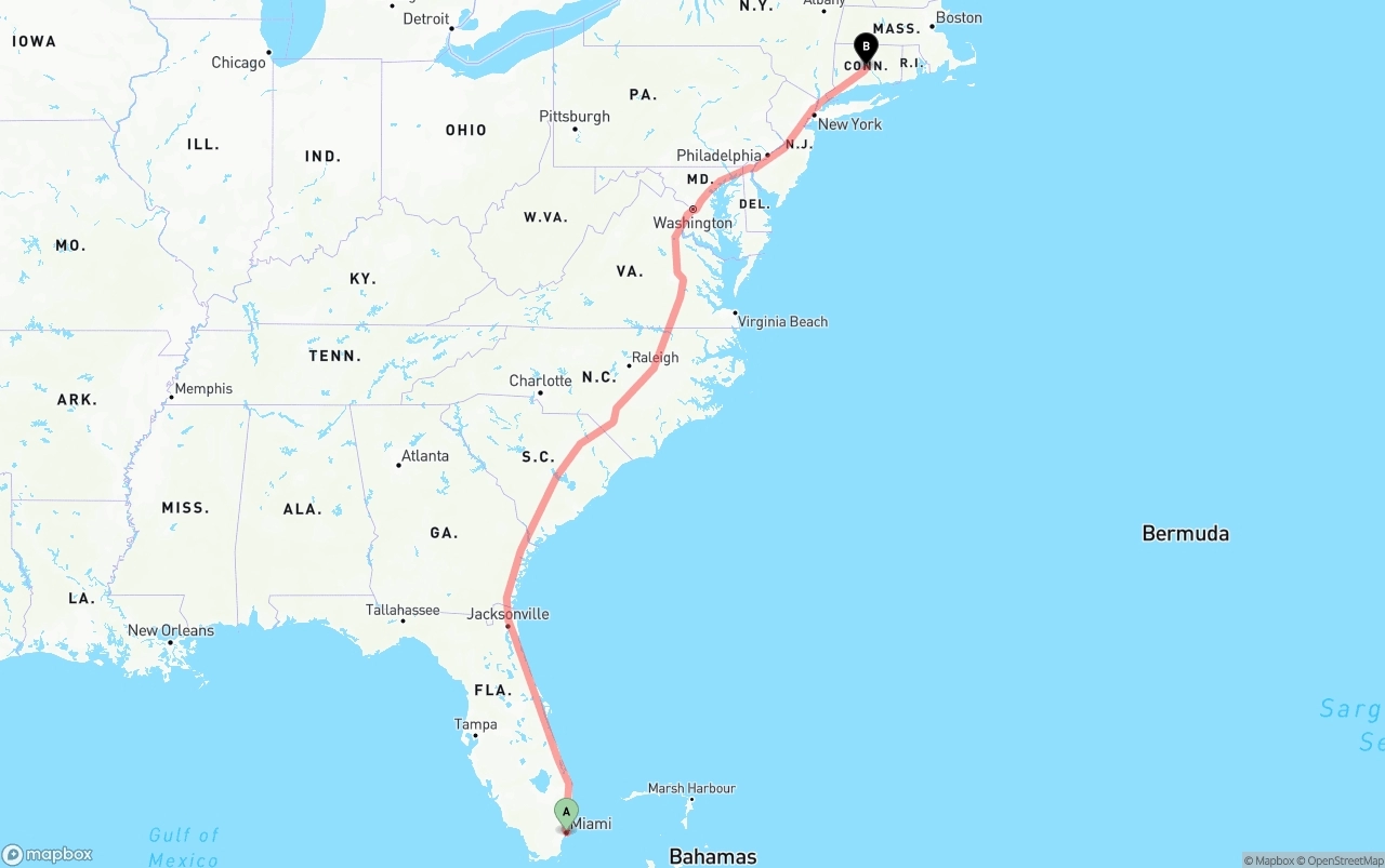 Shipping route from Port of Miami to Connecticut