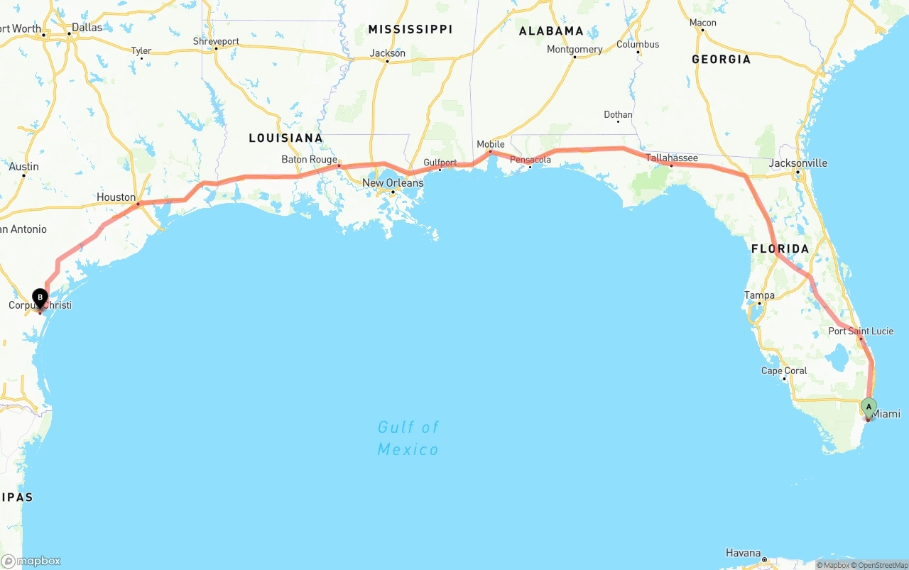 Shipping route from Port of Miami to Corpus Christi