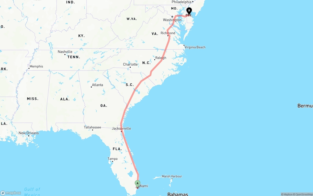 Shipping route from Port of Miami to Delaware
