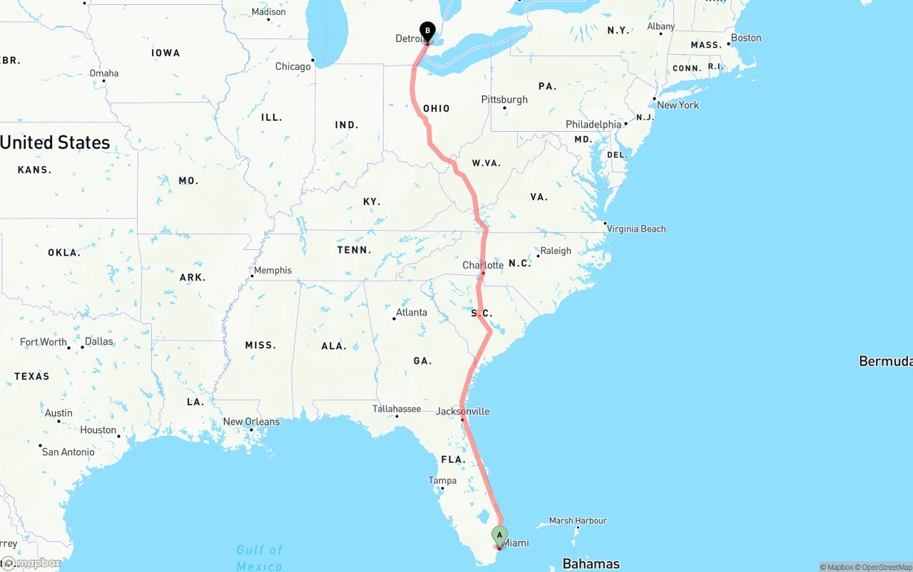 Shipping route from Port of Miami to Detroit