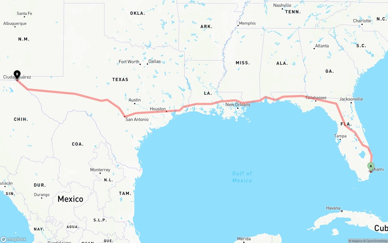 Shipping route from Port of Miami to El Paso