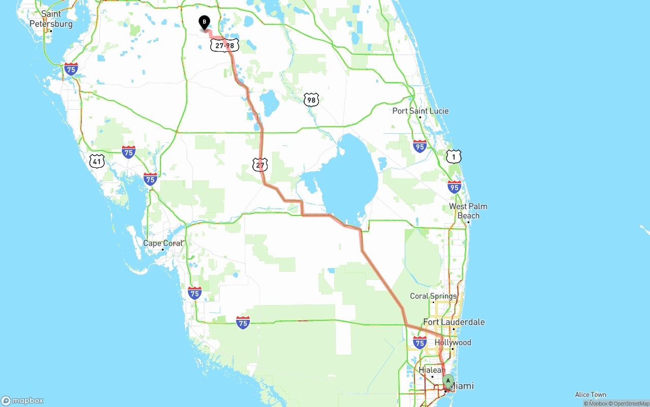 Shipping route from Port of Miami to Florida