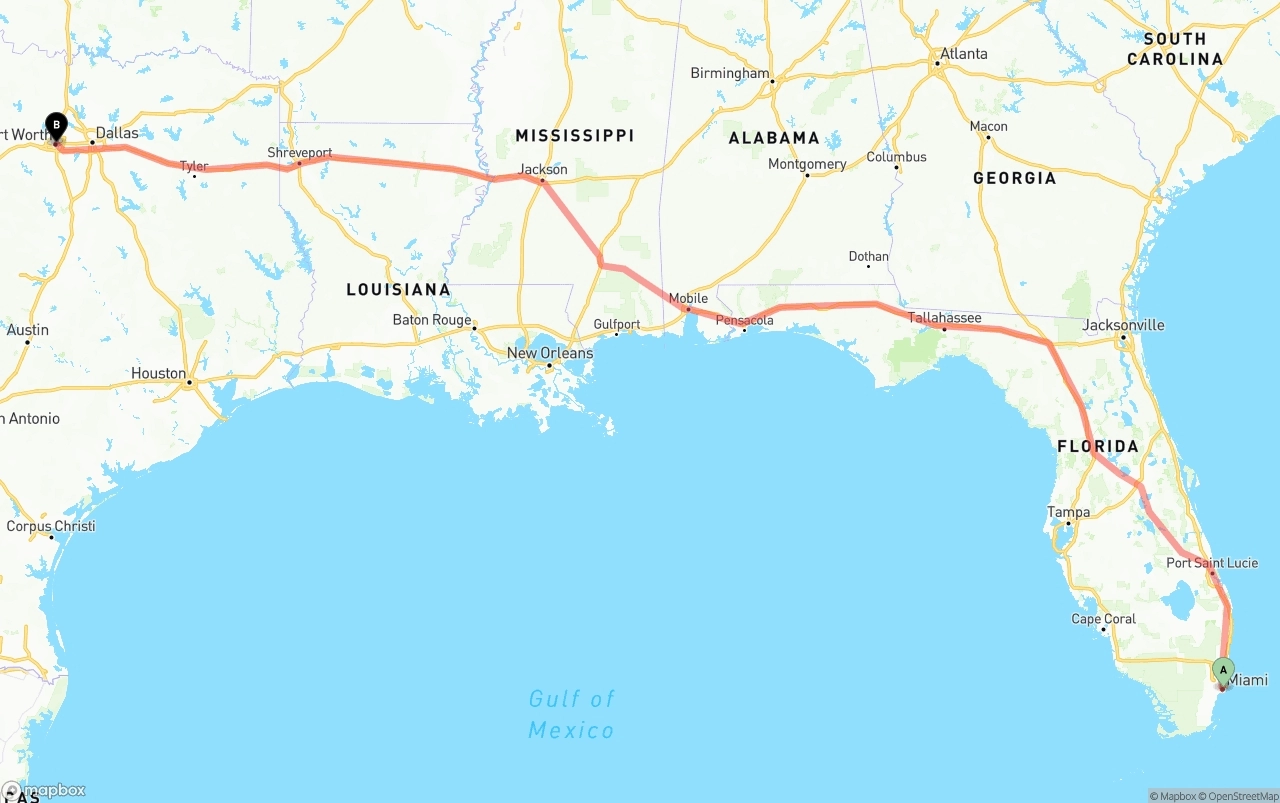 Shipping route from Port of Miami to Fort Worth