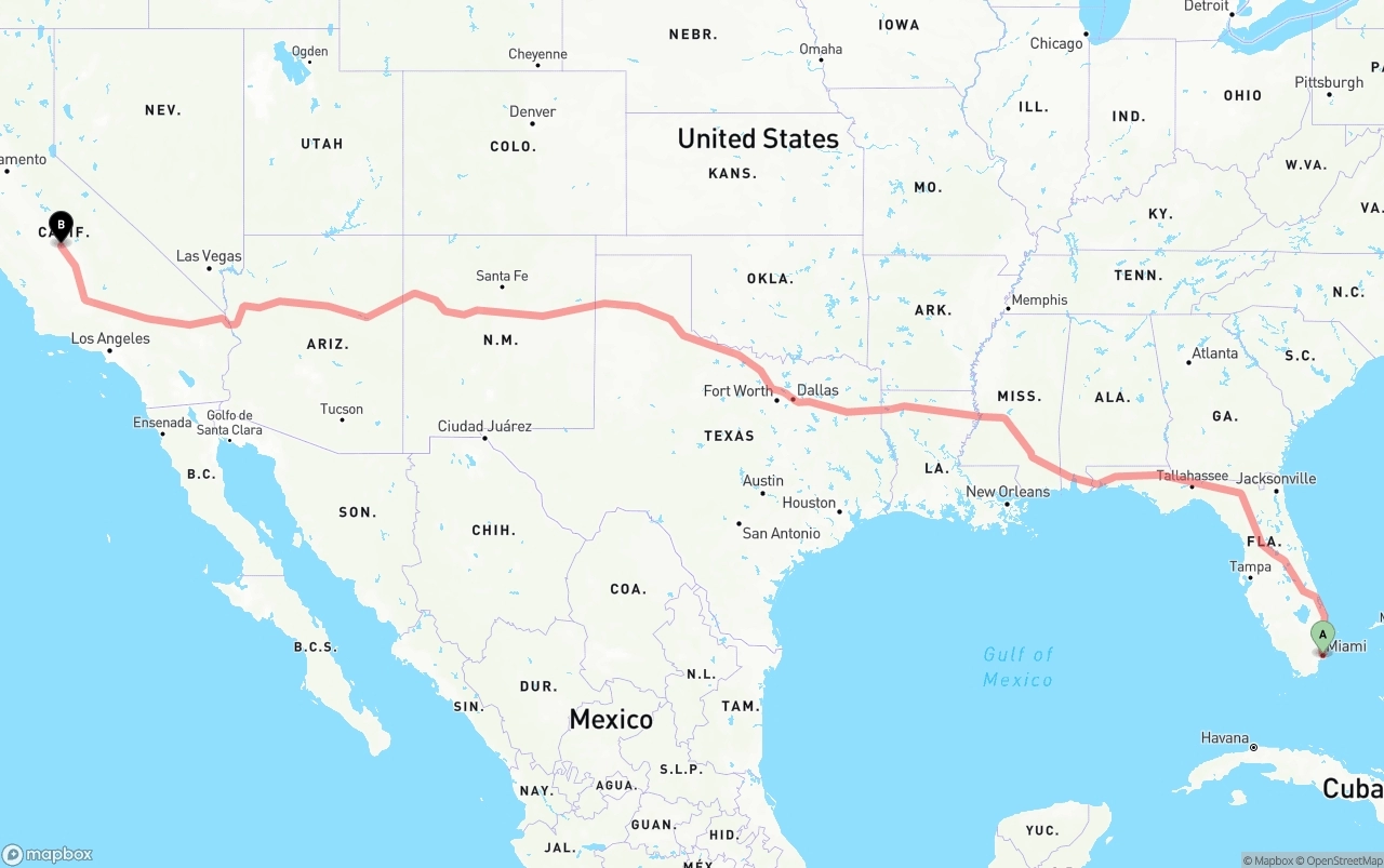 Shipping route from Port of Miami to Fresno