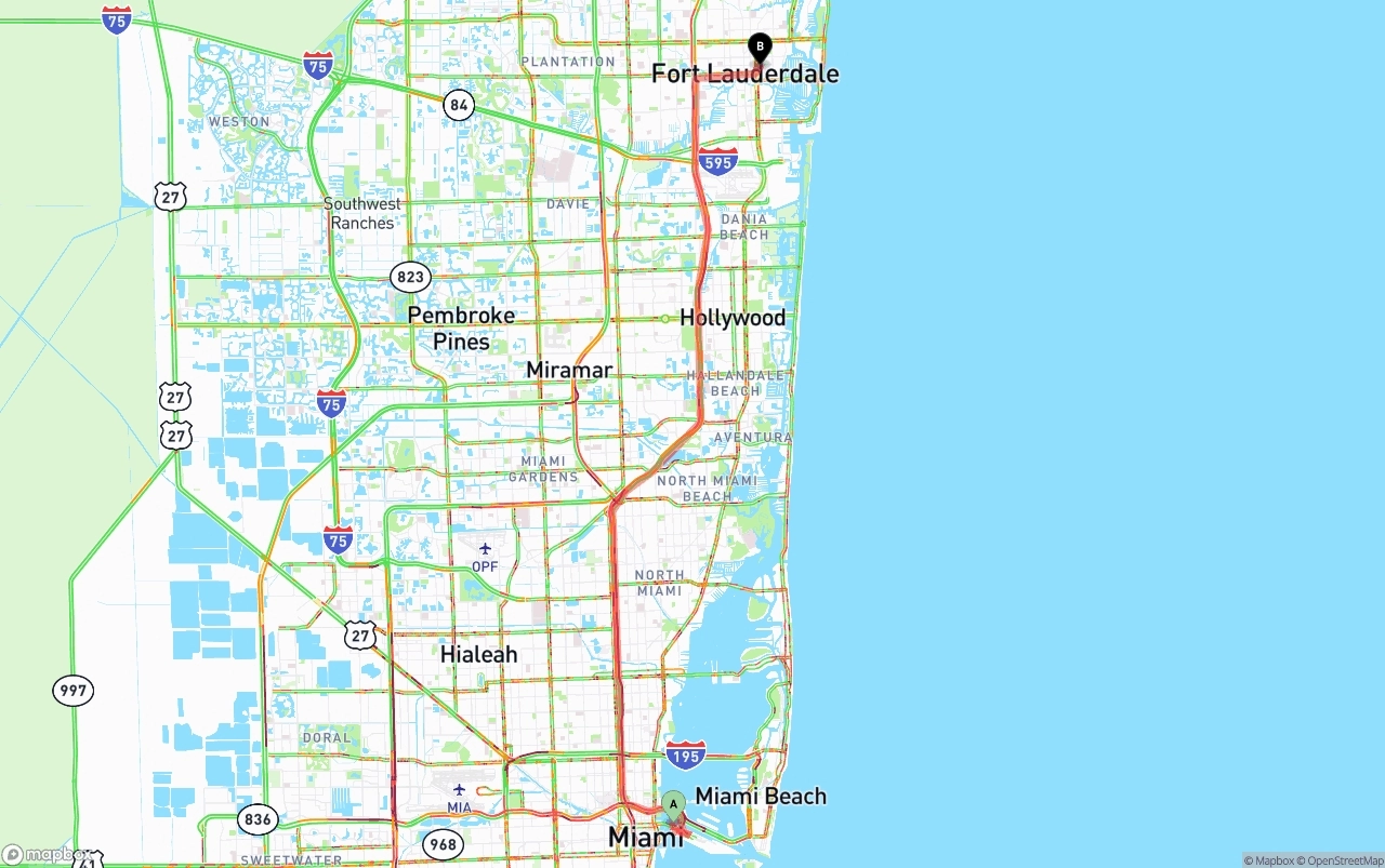 Shipping route from Port of Miami to Ft. Lauderdale