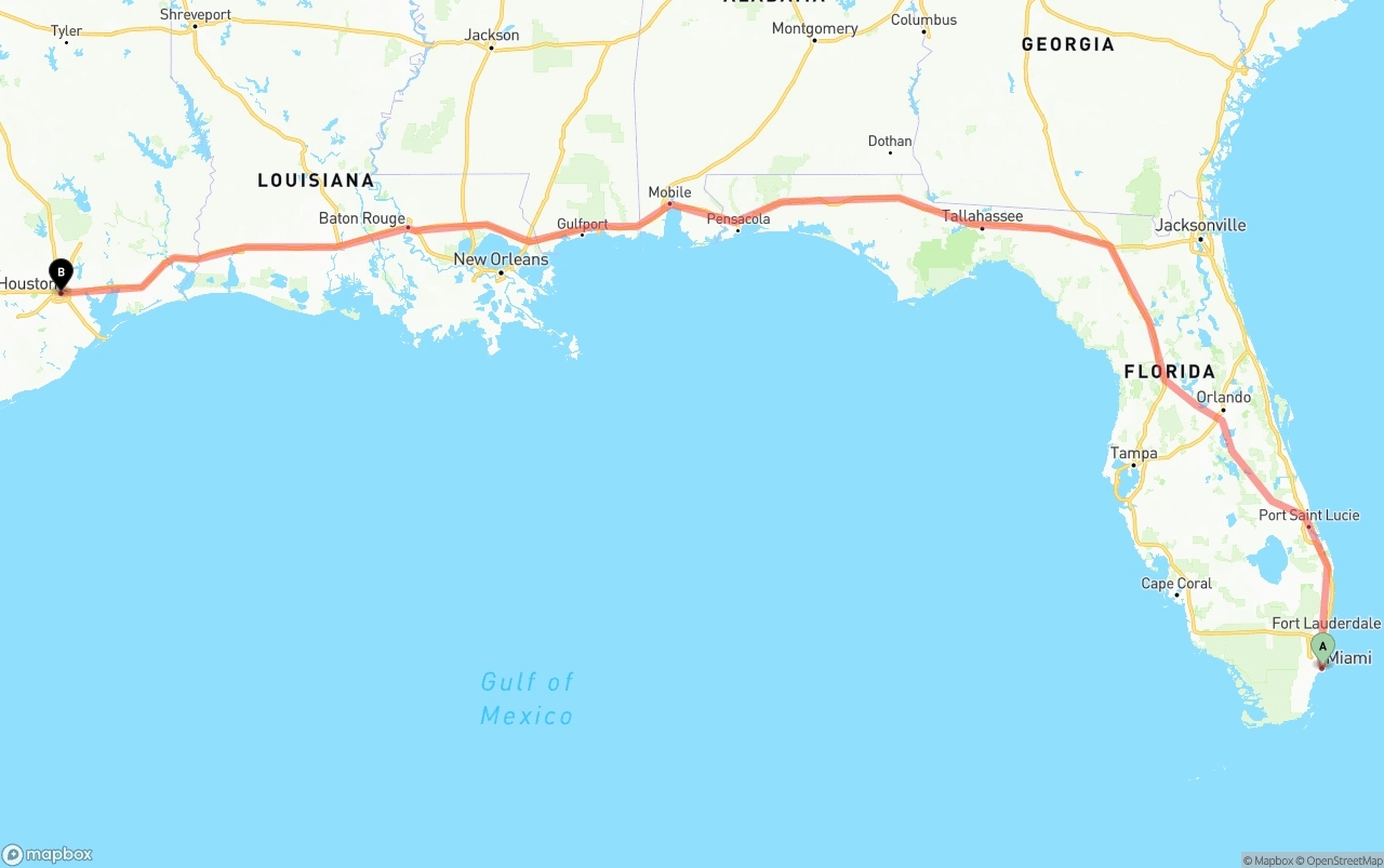 Shipping route from Port of Miami to Houston