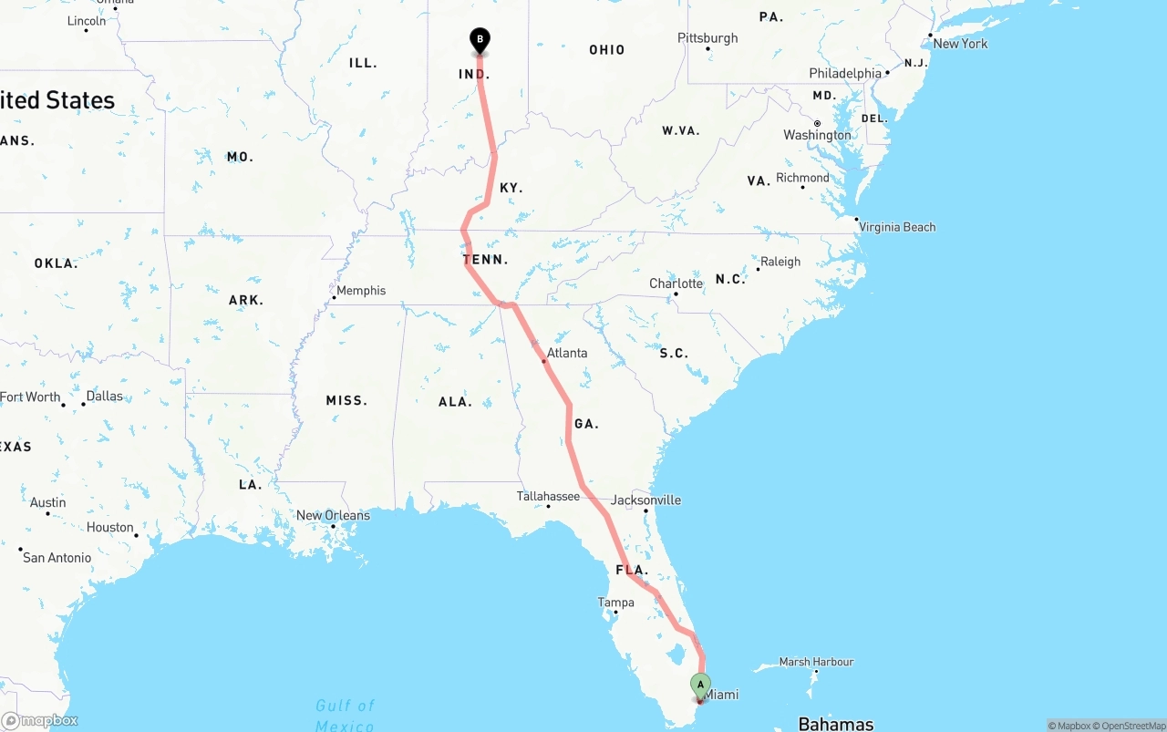 Shipping route from Port of Miami to Indiana