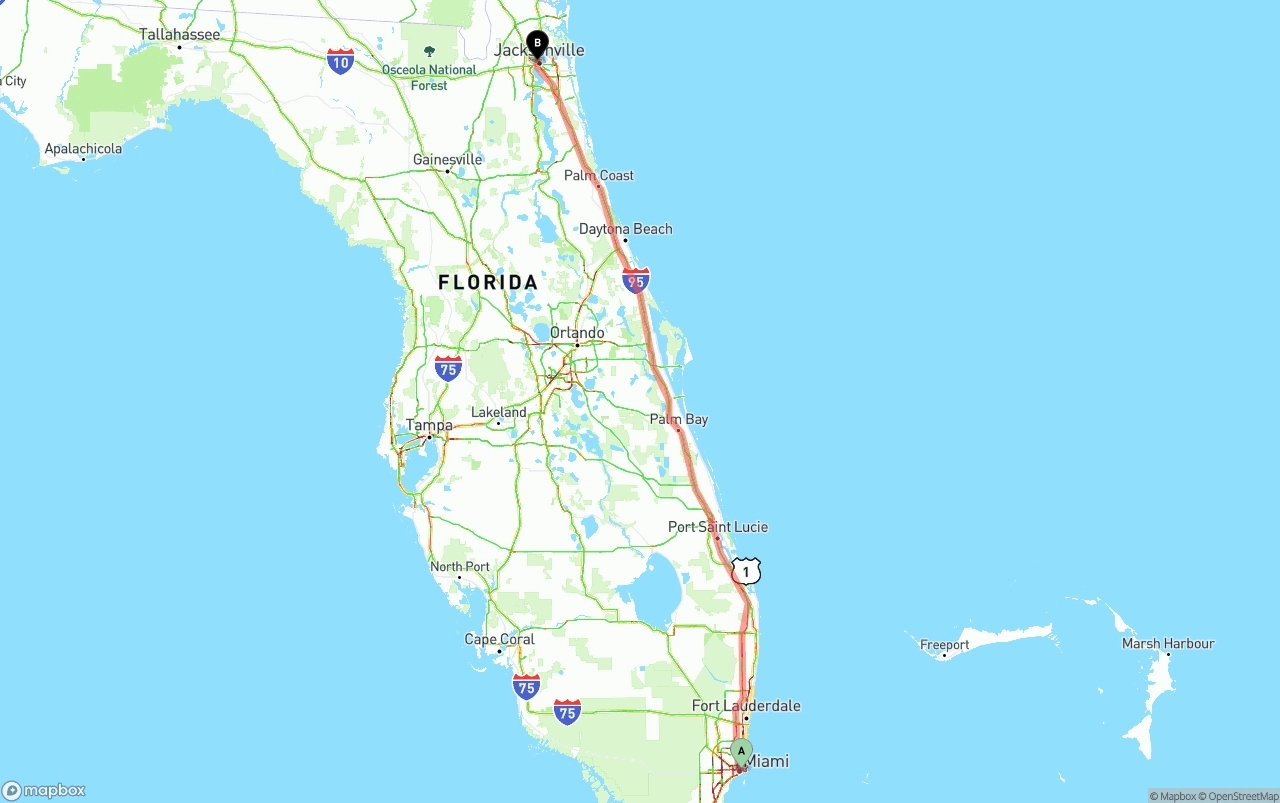 Shipping route from Port of Miami to Jacksonville