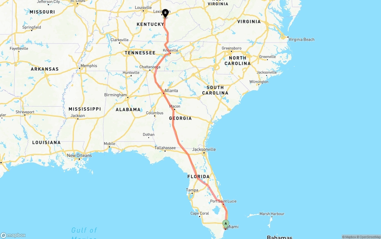 Shipping route from Port of Miami to Kentucky