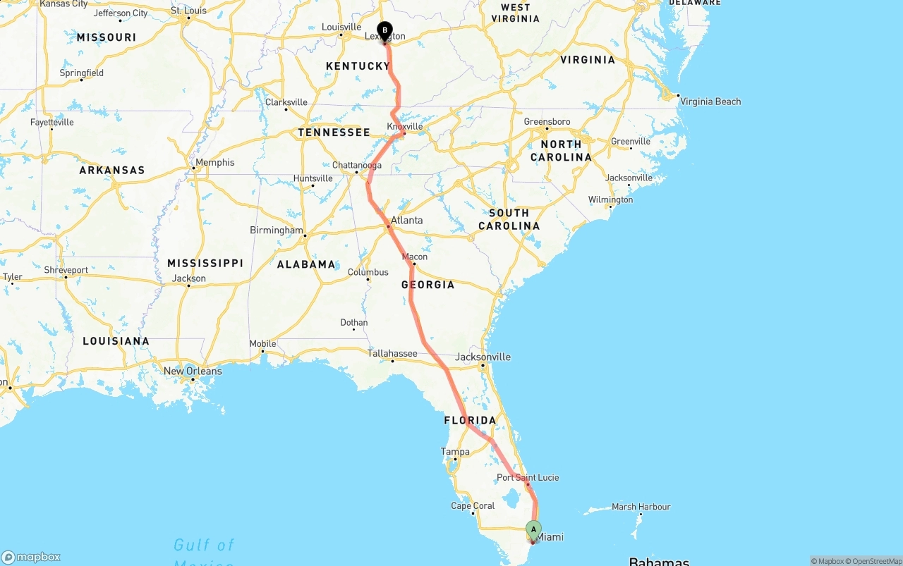 Shipping route from Port of Miami to Lexington