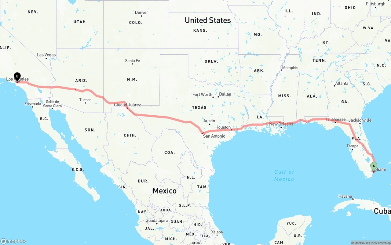 Shipping route from Port of Miami to Los Angeles