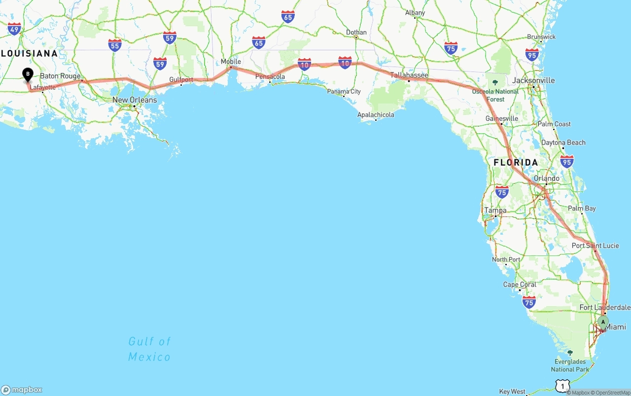 Shipping route from Port of Miami to Louisiana