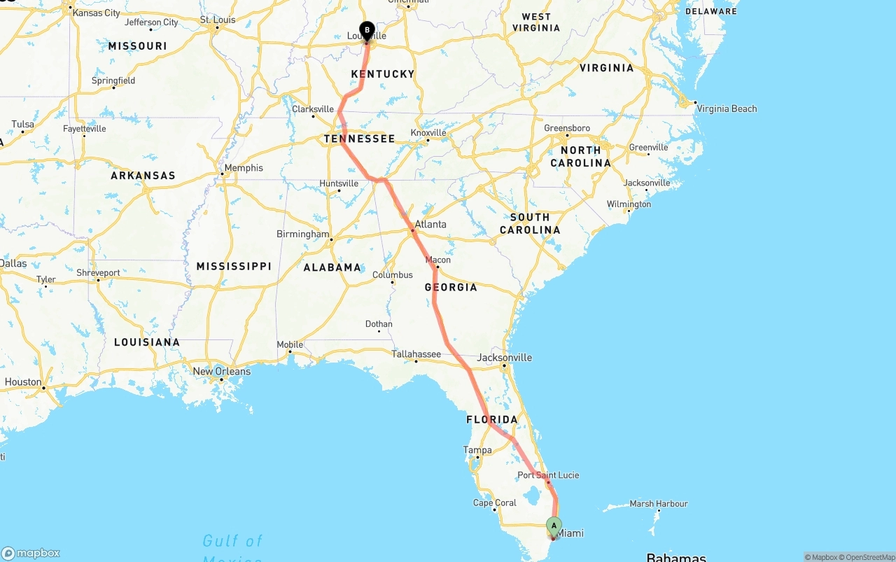 Shipping route from Port of Miami to Louisville