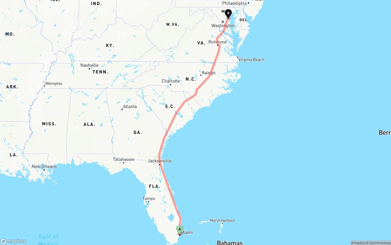 Shipping route from Port of Miami to Maryland