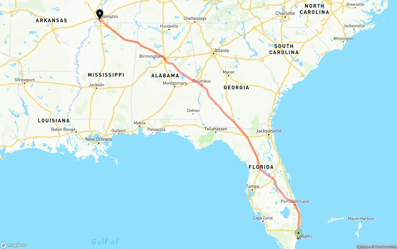 Shipping route from Port of Miami to Memphis