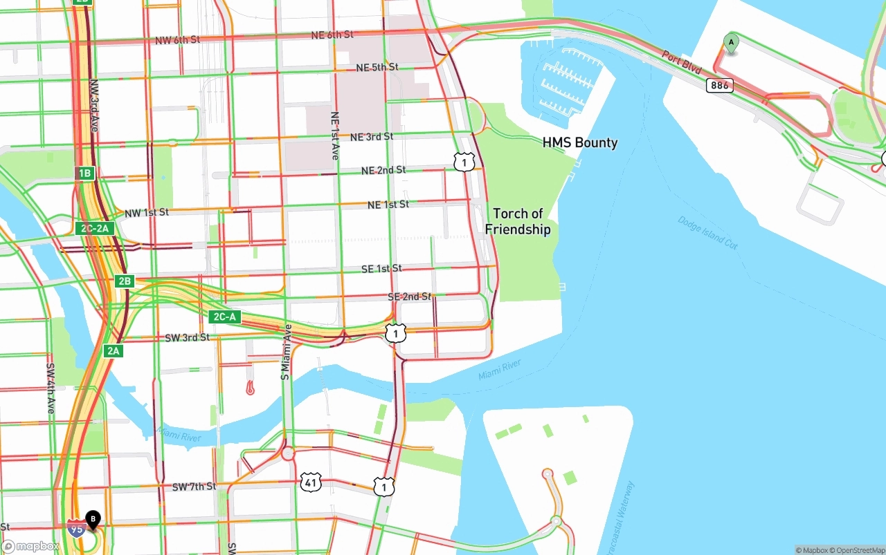 Shipping route from Port of Miami to Miami