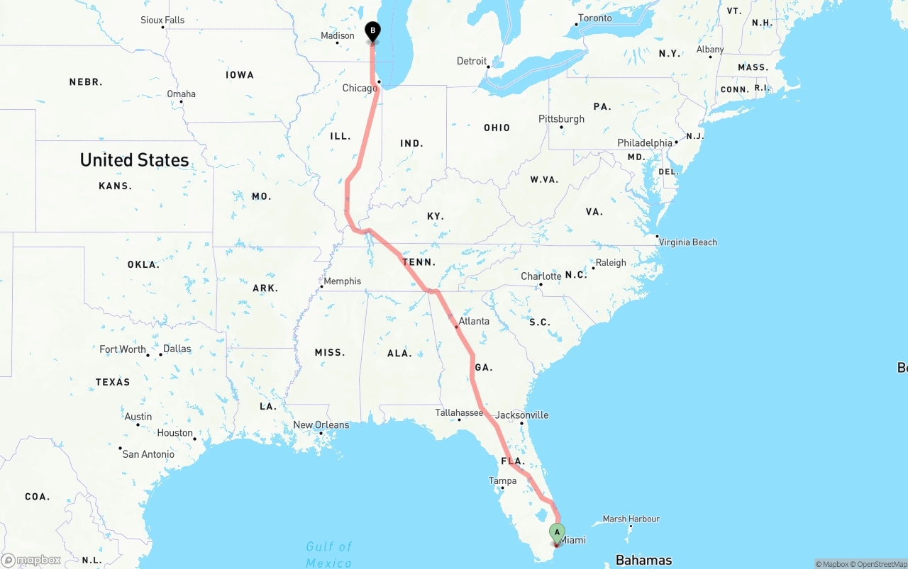 Shipping route from Port of Miami to Milwaukee