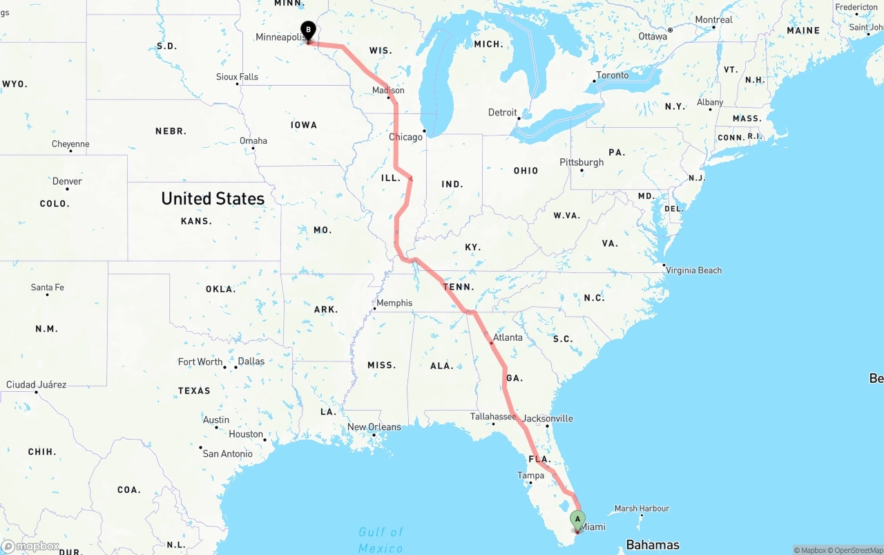 Shipping route from Port of Miami to Minneapolis
