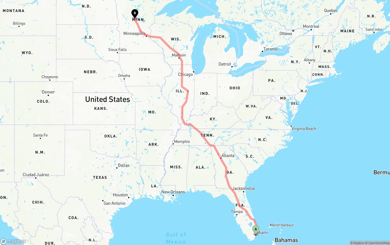 Shipping route from Port of Miami to Minnesota