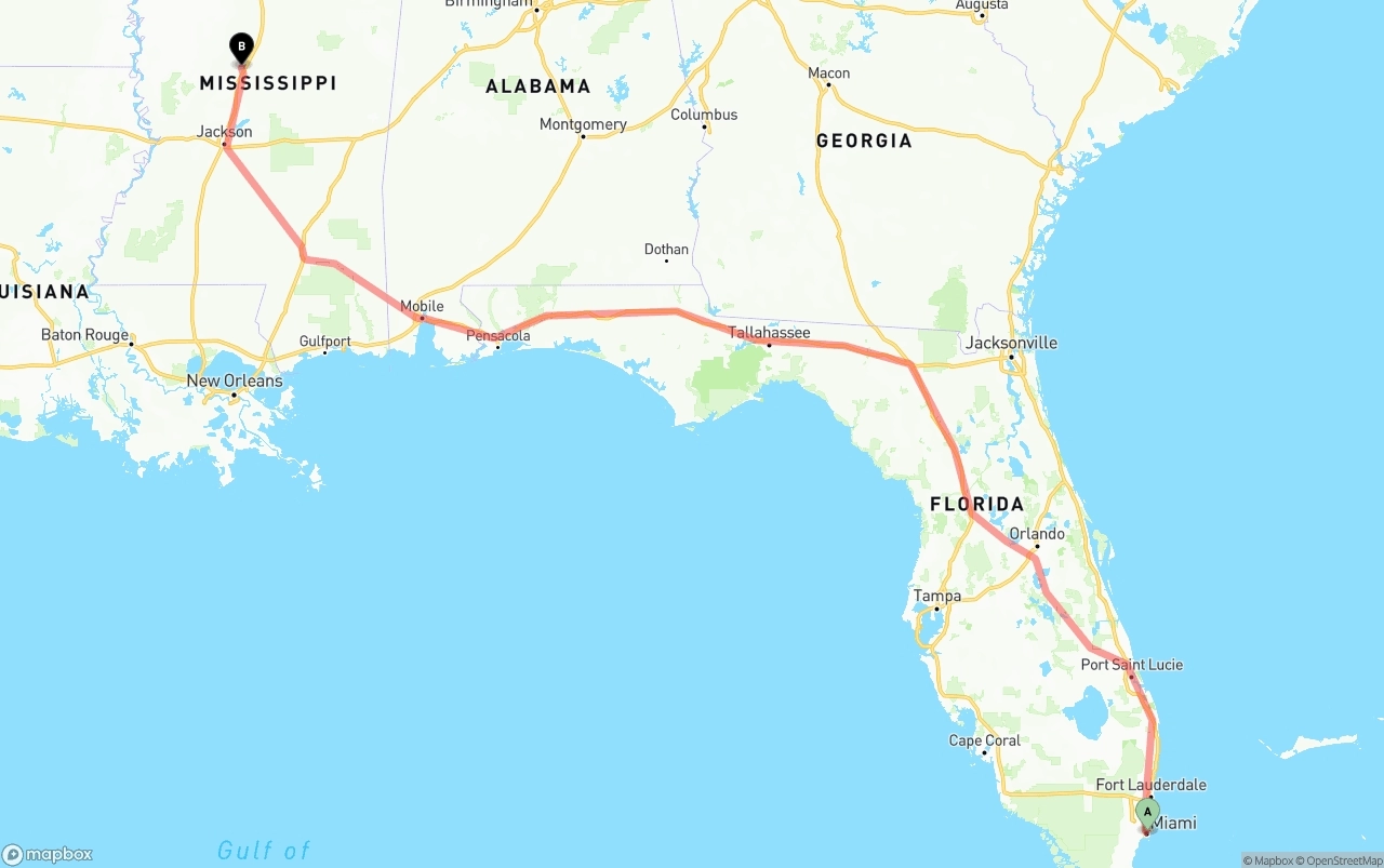 Shipping route from Port of Miami to Mississippi