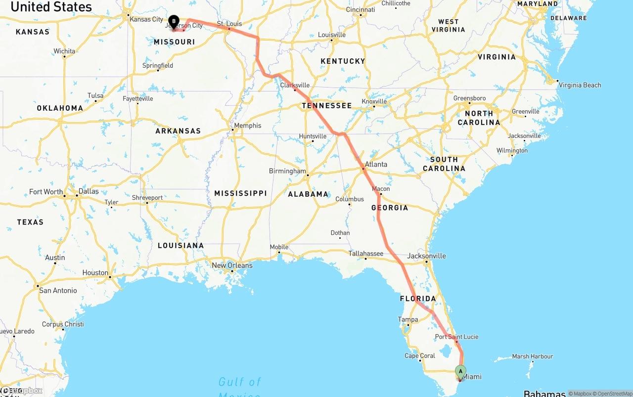Shipping route from Port of Miami to Missouri