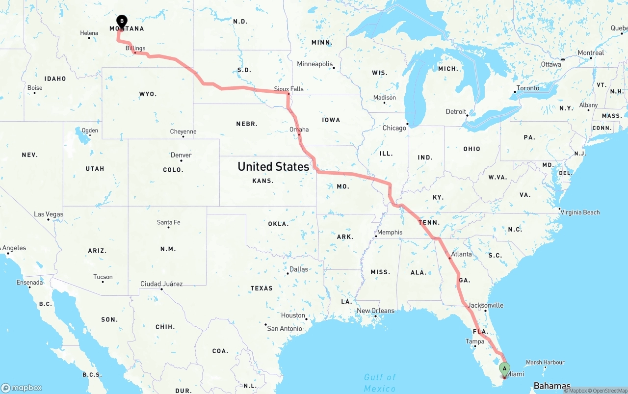 Shipping route from Port of Miami to Montana