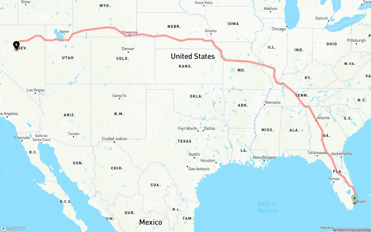 Shipping route from Port of Miami to Nevada