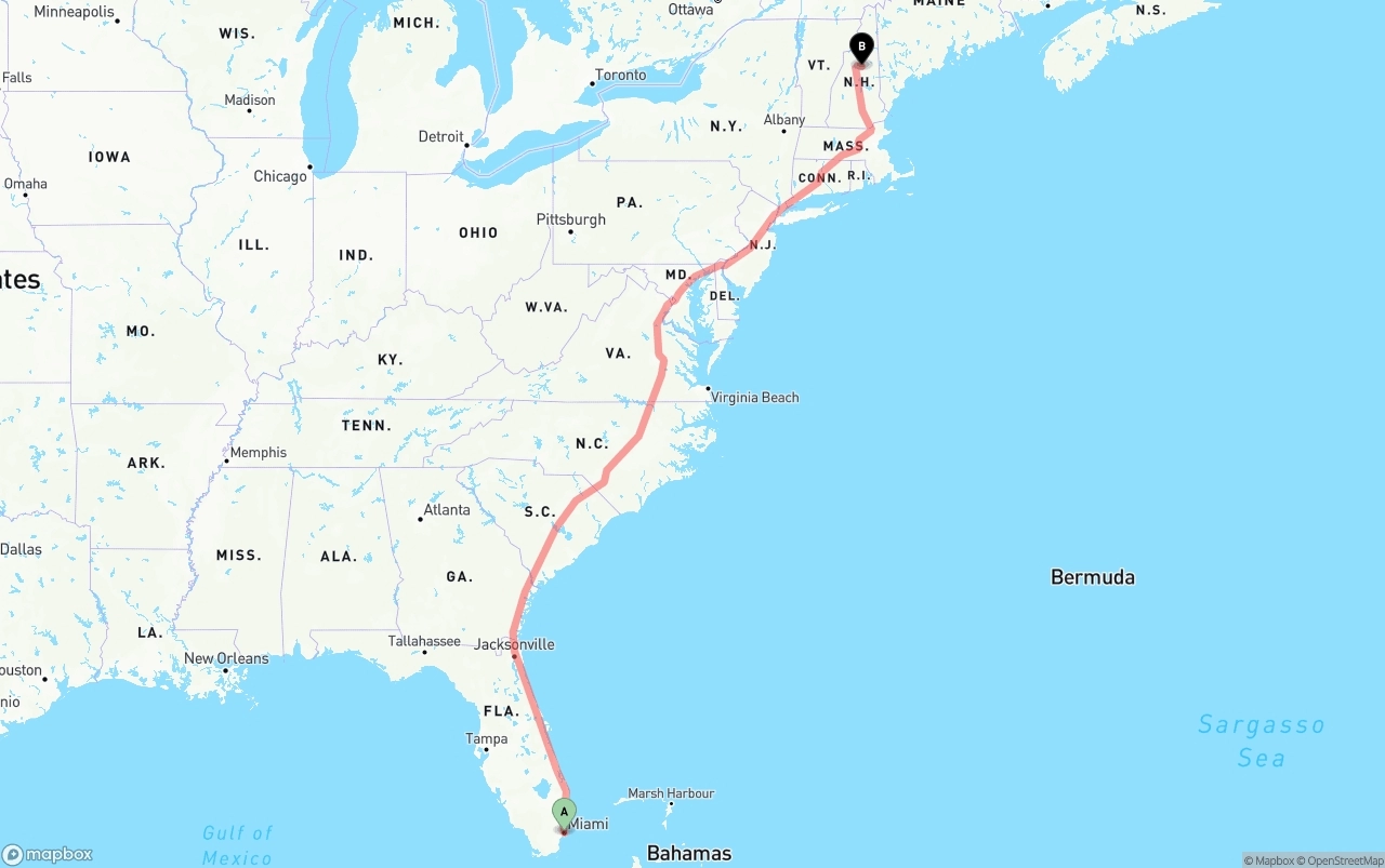 Shipping route from Port of Miami to New Hampshire