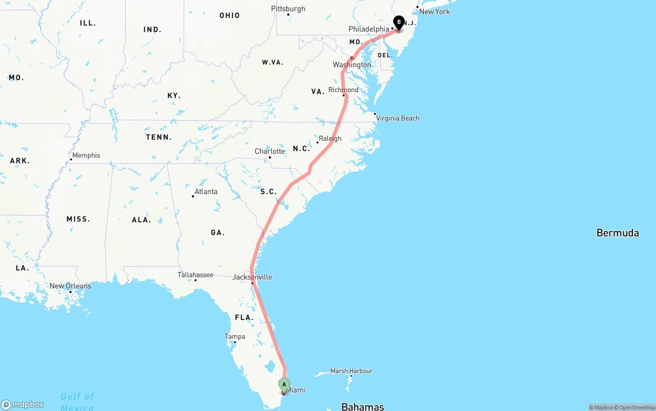 Shipping route from Port of Miami to New Jersey