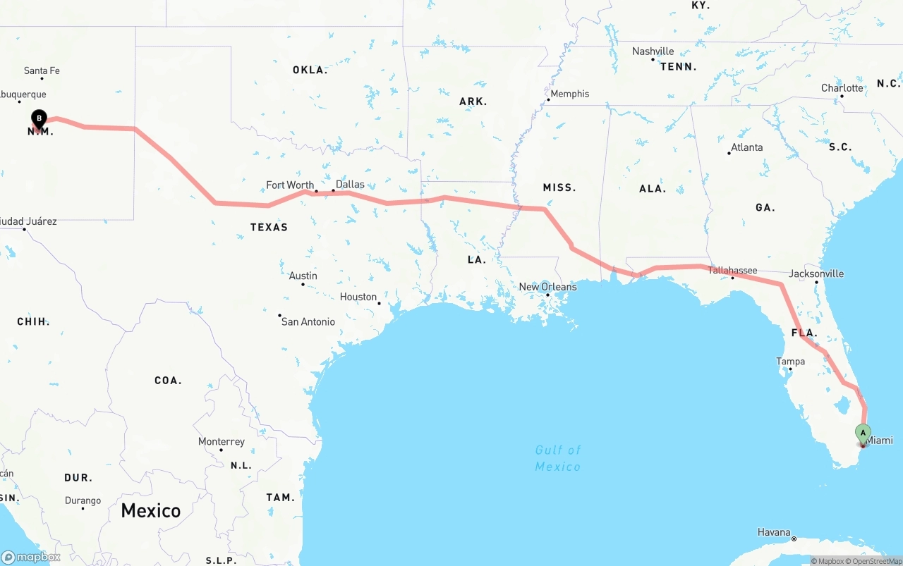 Shipping route from Port of Miami to New Mexico