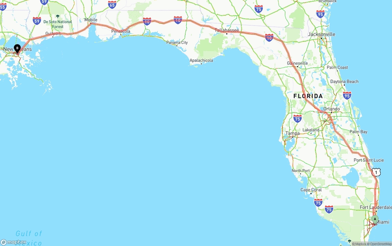 Shipping route from Port of Miami to New Orleans
