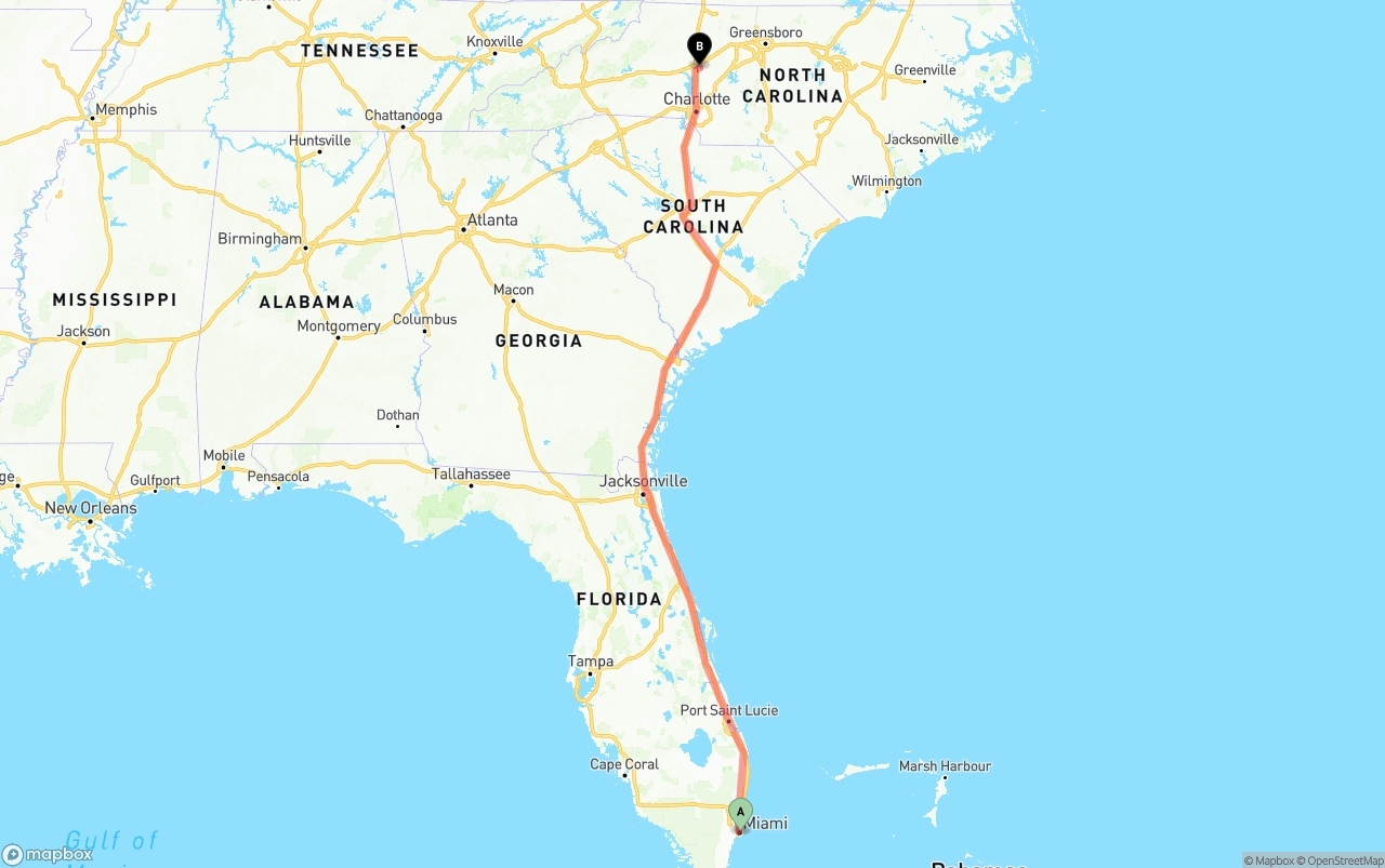 Shipping route from Port of Miami to North Carolina